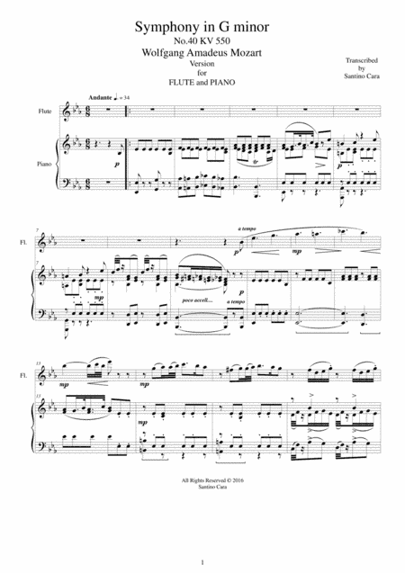Mozart - Symphony in G minor No.40 mov. 2 Andante -Flute and Piano (arr. Santino Cara)