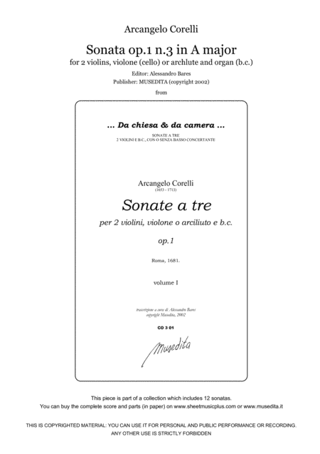 Corelli, Sonata op.1 n.3 in A major (arr. Alessandro Bares)