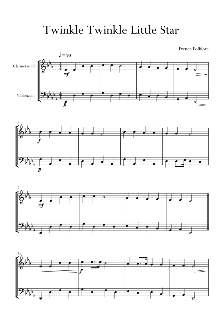 Twinkle Twinkle Little Star in Db Major for Clarinet and Cello (Violoncello) Duo. Easy. (arr. Matheus Araújo)