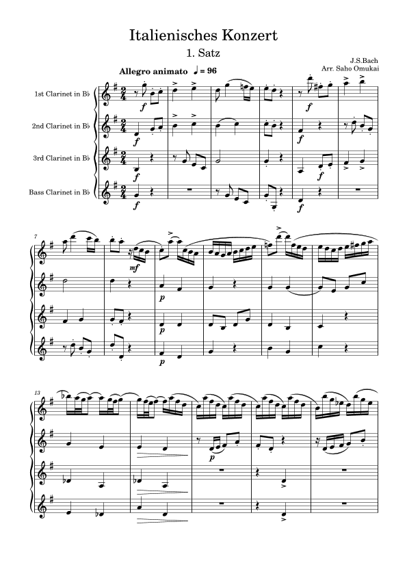 J.S.Bach: Italienisches Konzert for 3 Clarinet and Bass Clarinet. (arr. Saho Omukai)