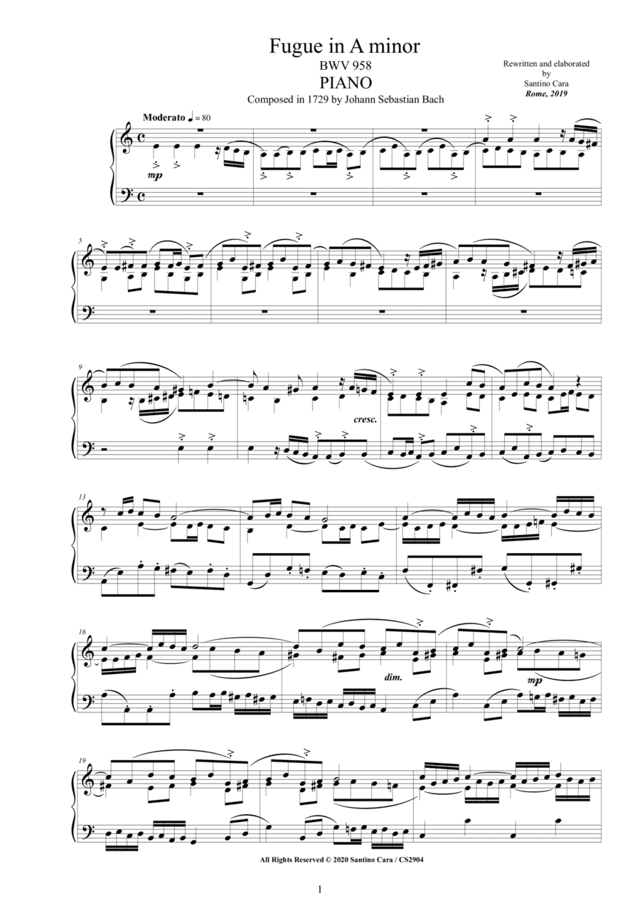 Bach - Fugue in A minor BWV 958 for Piano (arr. Santino Cara)