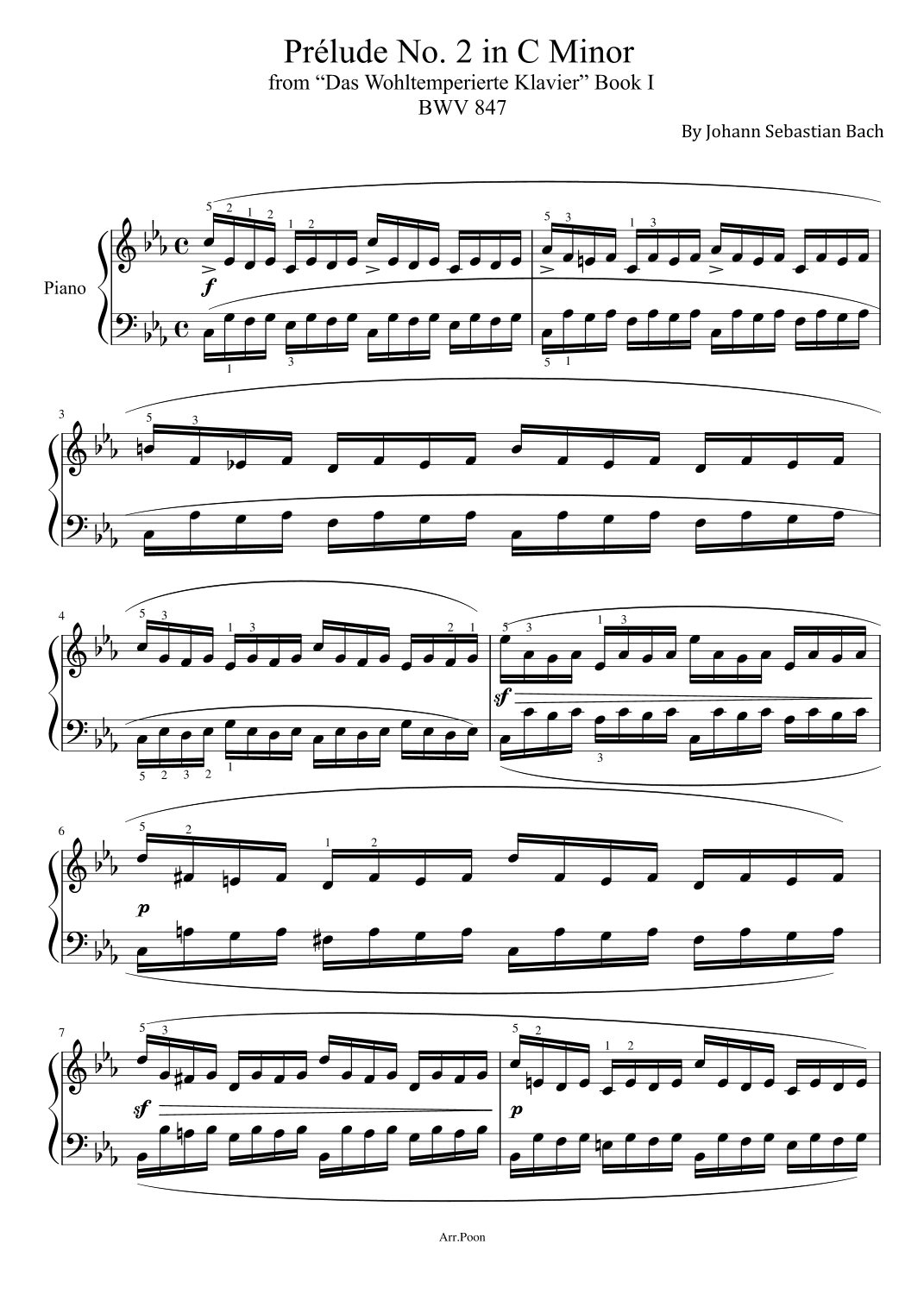 J. S. Bach - Prélude No. 2 BWV 847 in C Minor - With Finger,Original (arr. poon)