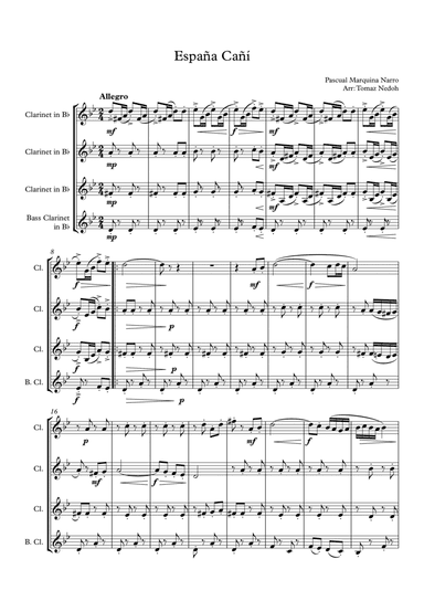 Espana Cani for Clarinet Quartet (arr. Tomaz Nedoh)