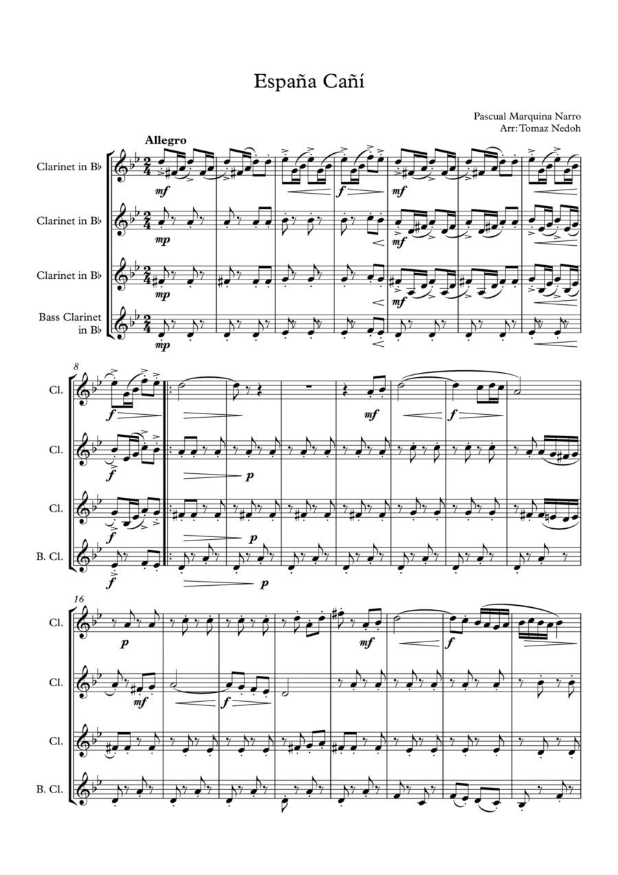 Espana Cani for Clarinet Quartet (arr. Tomaz Nedoh)