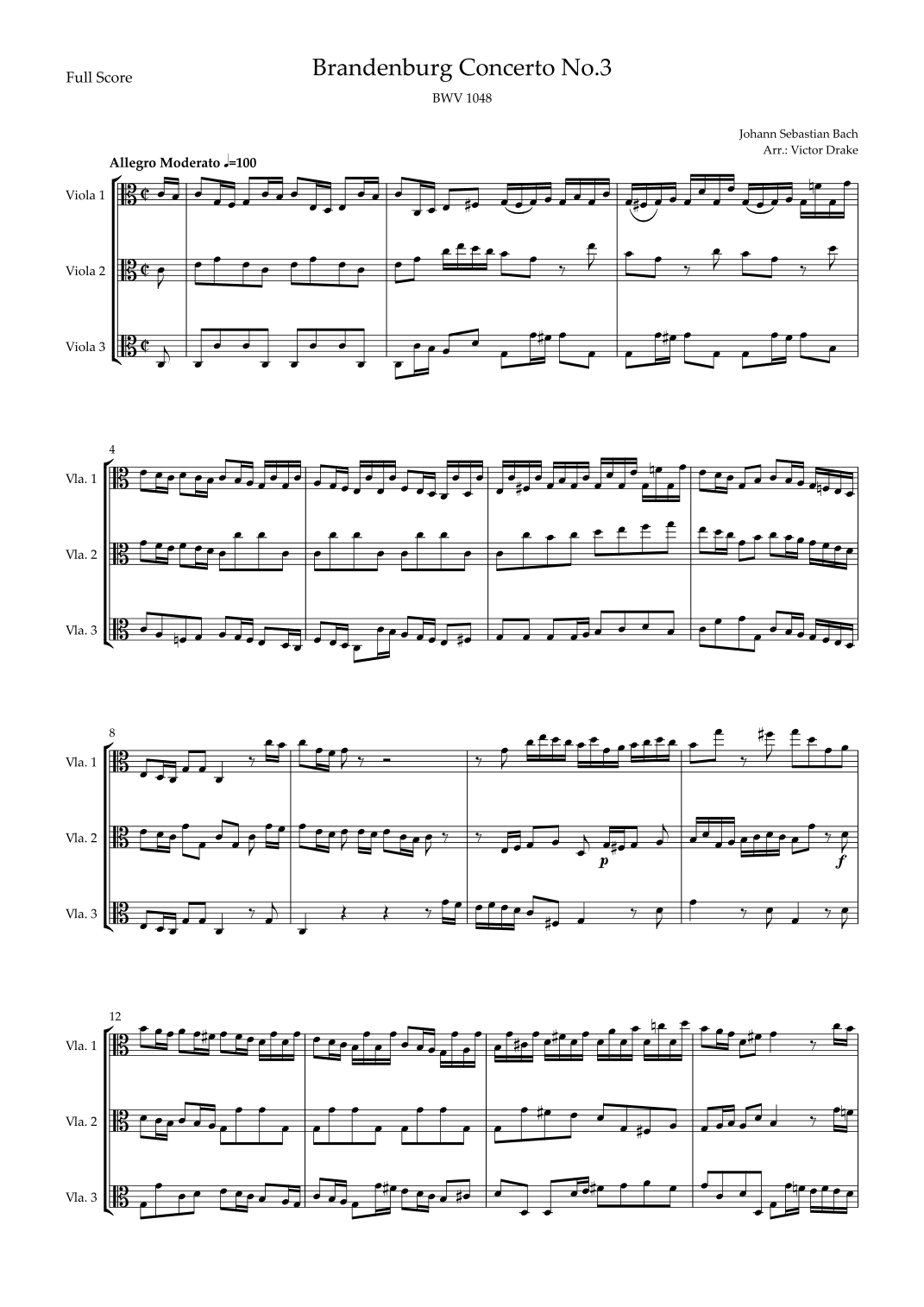 Brandenburg Concerto No. 3 in G major, BWV 1048 1st Mov. (J.S. Bach) for Viola Trio (arr. Victor Drake)