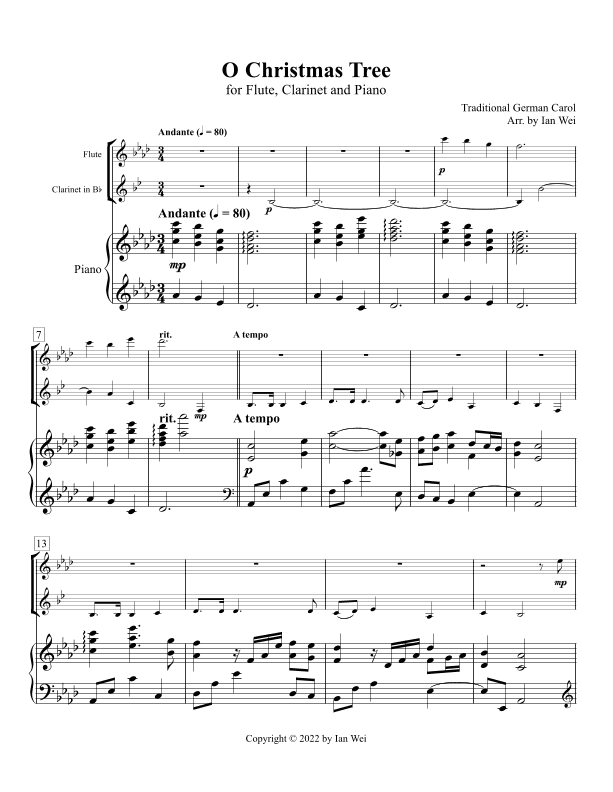 O Christmas Tree for Flute, Clarinet and Piano (arr. Ian Wei)