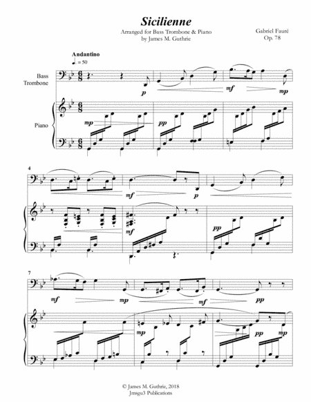 Fauré: Sicilienne for Bass Trombone & Piano (arr. James M. Guthrie, ASCAP)