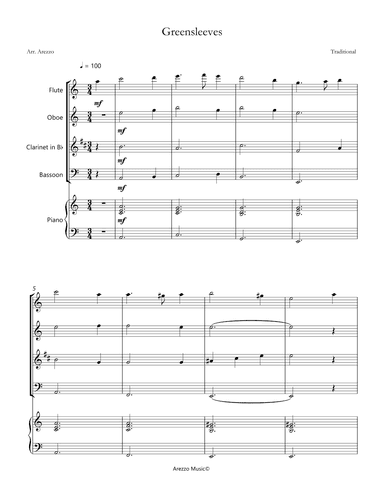 greensleeves woodwind quartet with piano sheet music (arr. Arezzo Music)
