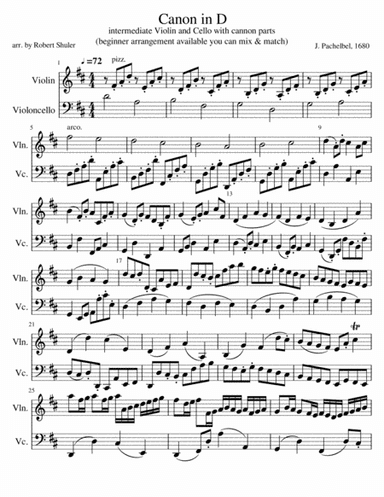 Canon in D for intermediate Violin-Cello Duet (with cello canon parts) (arr. Robert Shuler)
