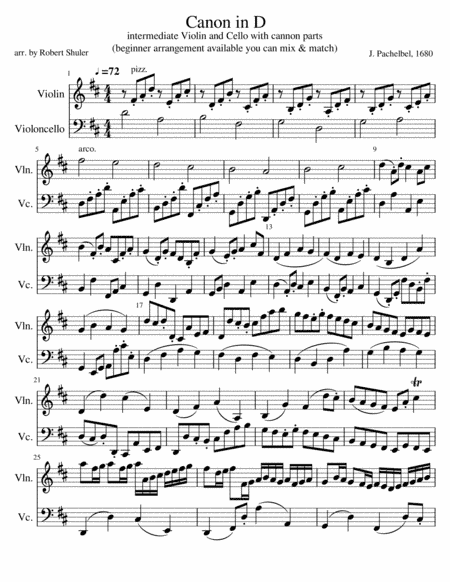 Canon in D for intermediate Violin-Cello Duet (with cello canon parts) (arr. Robert Shuler)