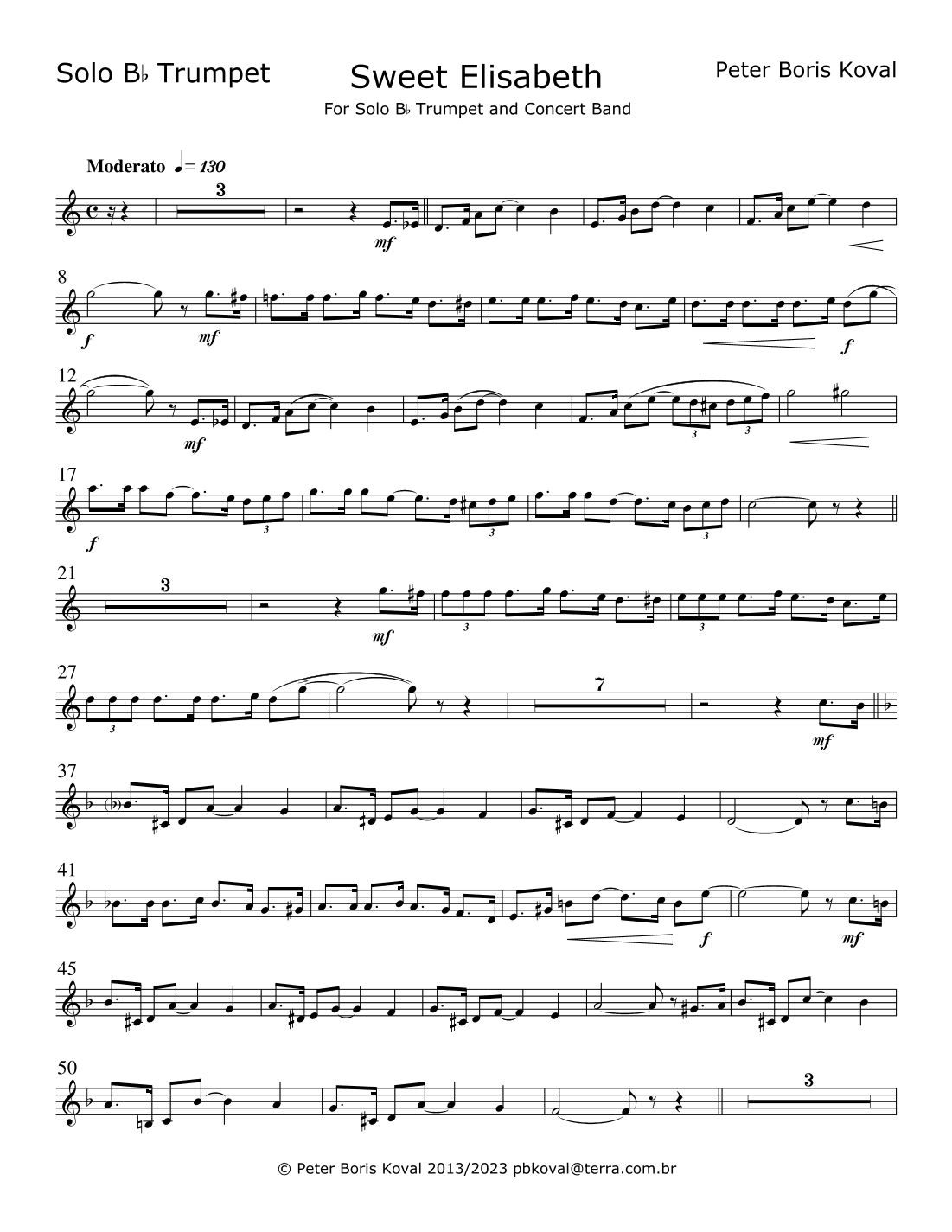 Sweet Elisabeth, arranged for Solo B flat Trumpet and Concert Band Letter Size