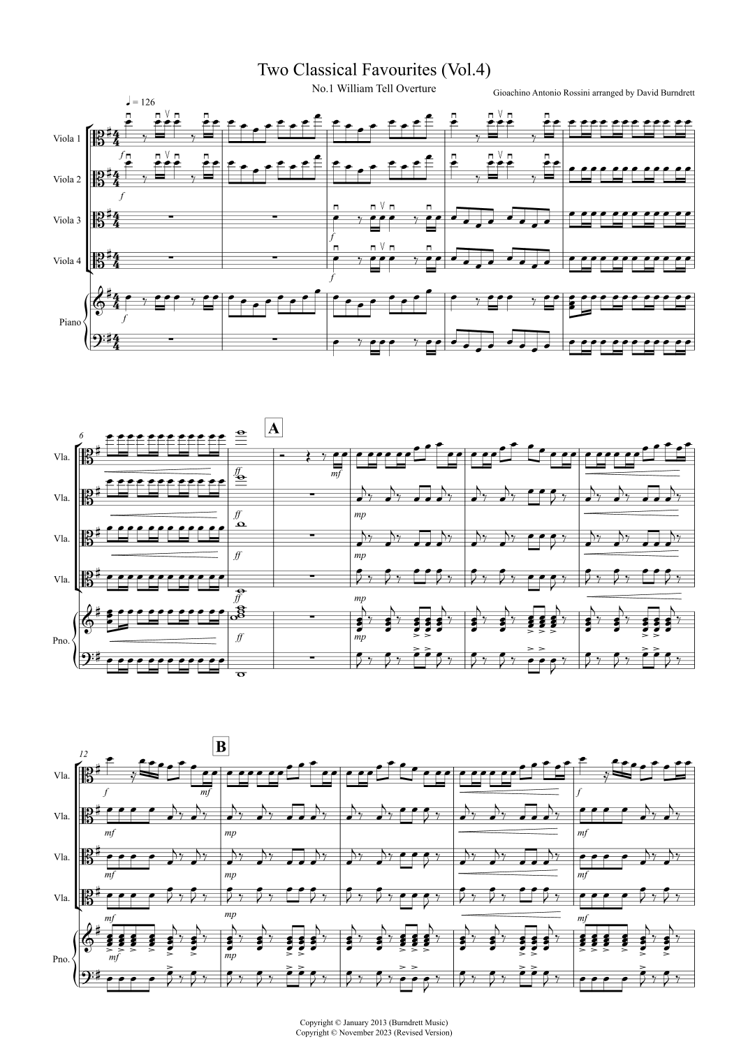 2 Classical Favourites for Viola Quartet (volume four) (arr. David Burndrett)