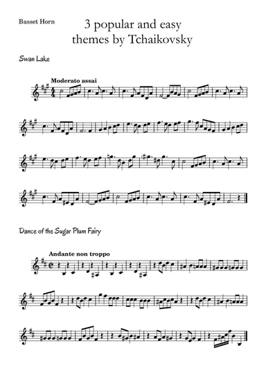 3 popular and easy themes by Tchaikovsky with accompaniment and chord symbols for Basset Horn (arr. Leyandder Trustworthy)