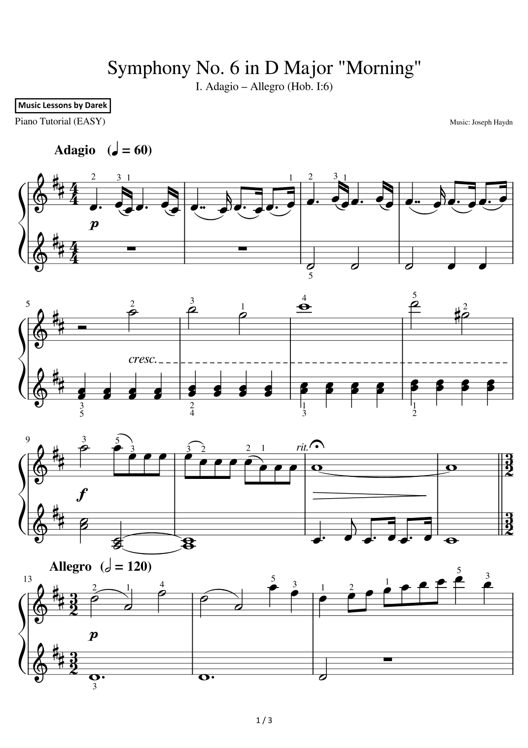 Symphony No. 6 in D Major "Morning" (EASY PIANO) I. Adagio – Allegro (Hob. I:6) [Joseph Haydn] (arr. Darek)
