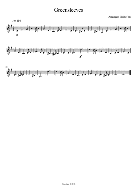Greensleeves (arr. Elaine Yu)