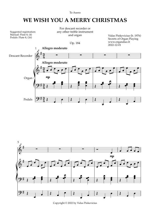 We Wish You a Merry Christmas, Op. 184 (Treble Instrument and Organ) by Vidas Pinkevicius (2022)