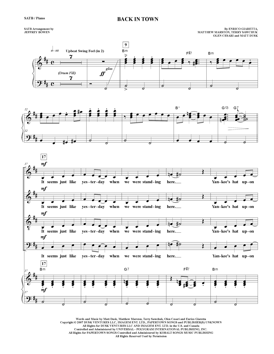 Back In Town (arr. Jeffrey Bowen)