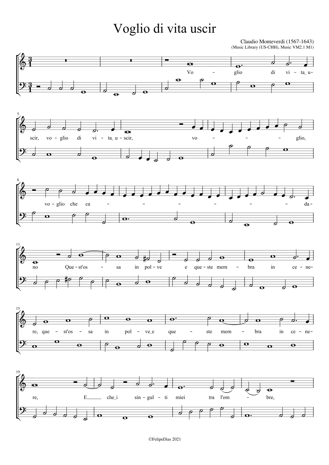Voglio di vita uscir C Major (arr. Early Music Scores)