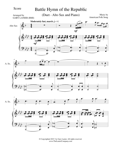 BATTLE HYMN OF THE REPUBLIC (Duet – Alto Sax and Piano/Score and Parts) (arr. Gary Lanier)