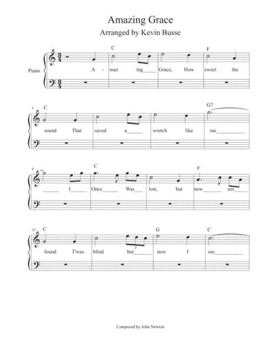 Amazing Grace - (In the easy key of C) - Piano (arr. Kevin Busse)