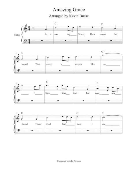 Amazing Grace - (In the easy key of C) - Piano (arr. Kevin Busse)