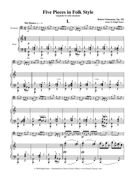 Five Pieces in Folk Style, Opus 102 for Trombone & Piano (arr. Sauer, Ralph)