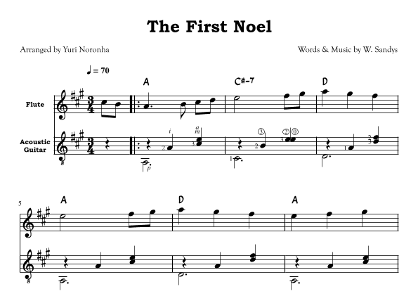 The First Noel - For Flute in A and Acoustic Guitar (Christmas) (arr. Yuri Noronha)