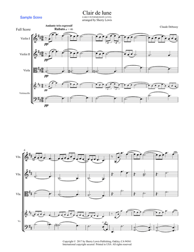 CLAIR DE LUNE String Quartet Early Intermediate level for 2 violins, viola and cello (arr. Sherry Lewis)
