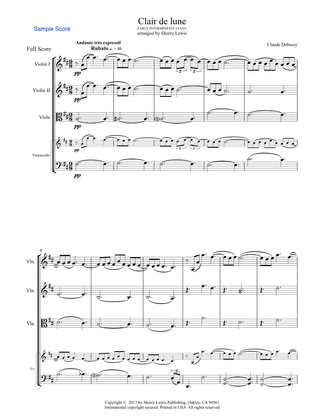 CLAIR DE LUNE String Quartet Early Intermediate level for 2 violins, viola and cello (arr. Sherry Lewis)