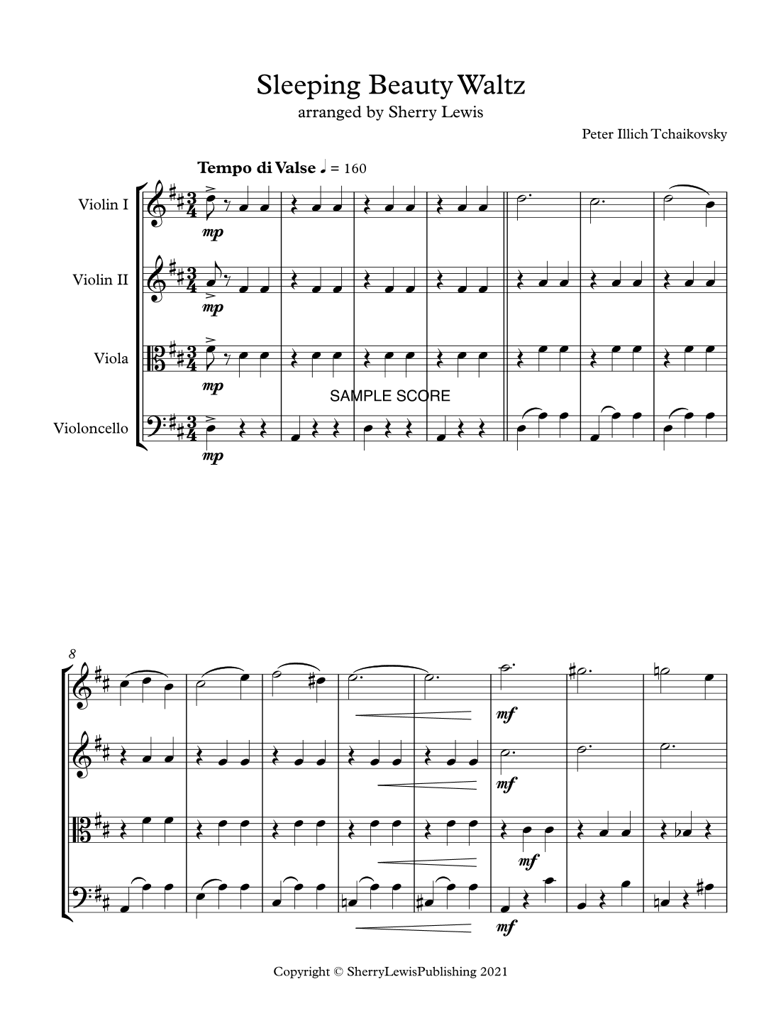 SLEEPING BEAUTY WALTZ,  String Quartet, Early Intermediate Level for 2 violins, viola and cello (arr. Sherry Lewis)