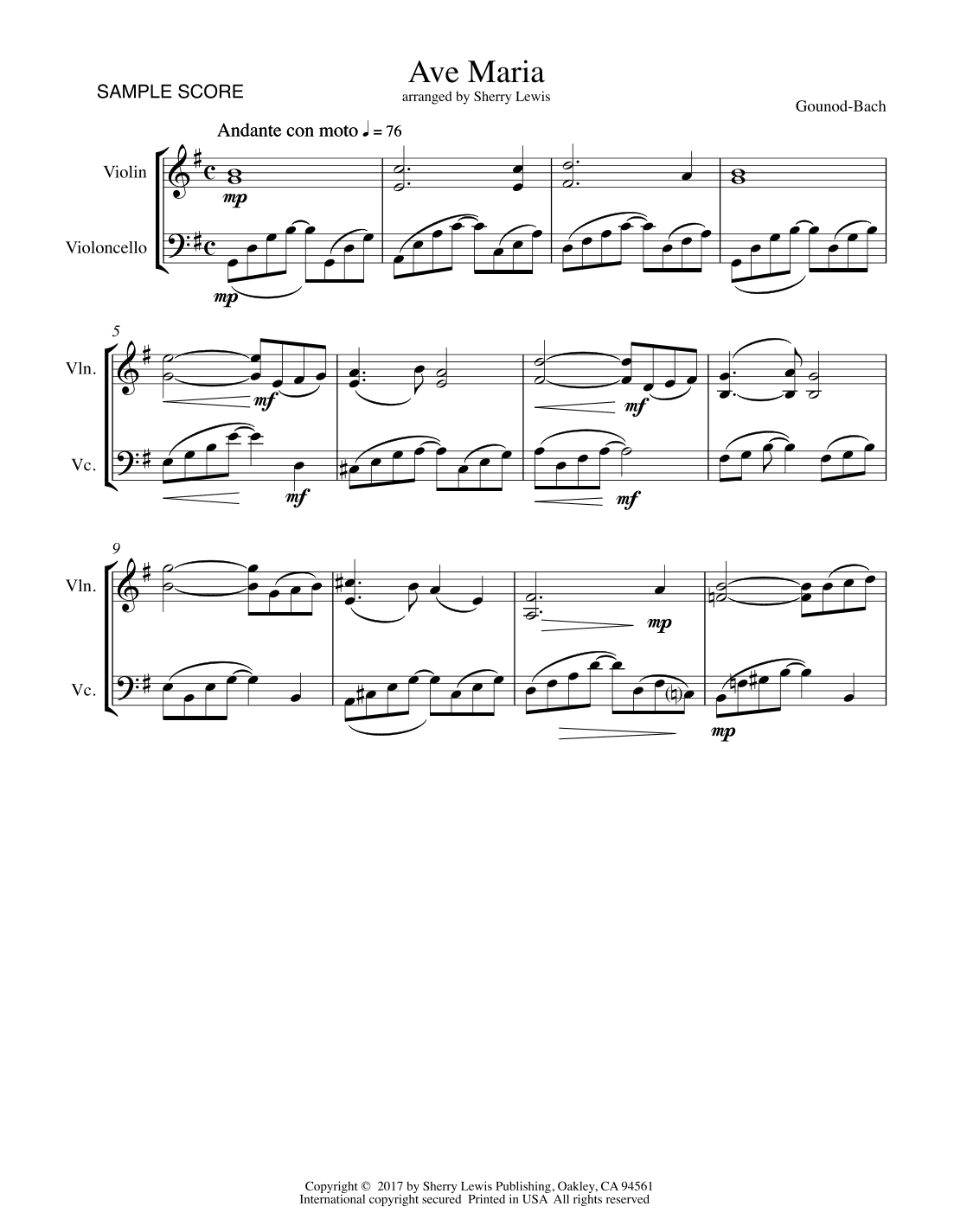 AVE MARIA - Bach-Gounod, String Duo, Intermediate Level for violin and cello (arr. Sherry Lewis)