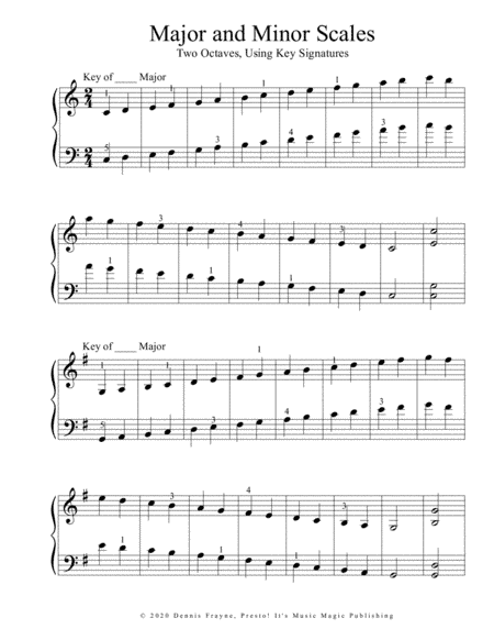 SCALES, Major and Minor Scales (C, G, D, A, E, B, F) Two Octaves (standard notation)