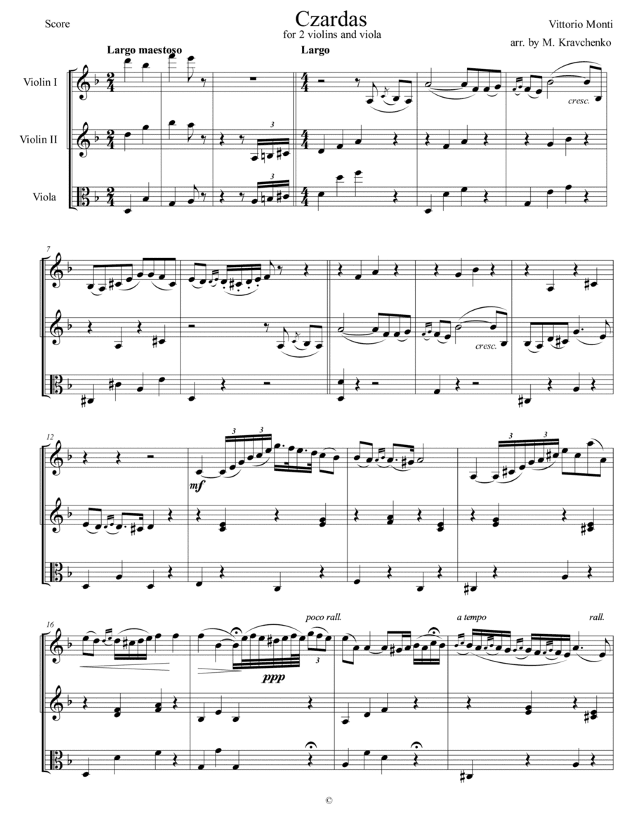Vittorio Monti - Czardas arr. for 2 violins and viola (score and parts) (arr. Maksym Kravchenko)