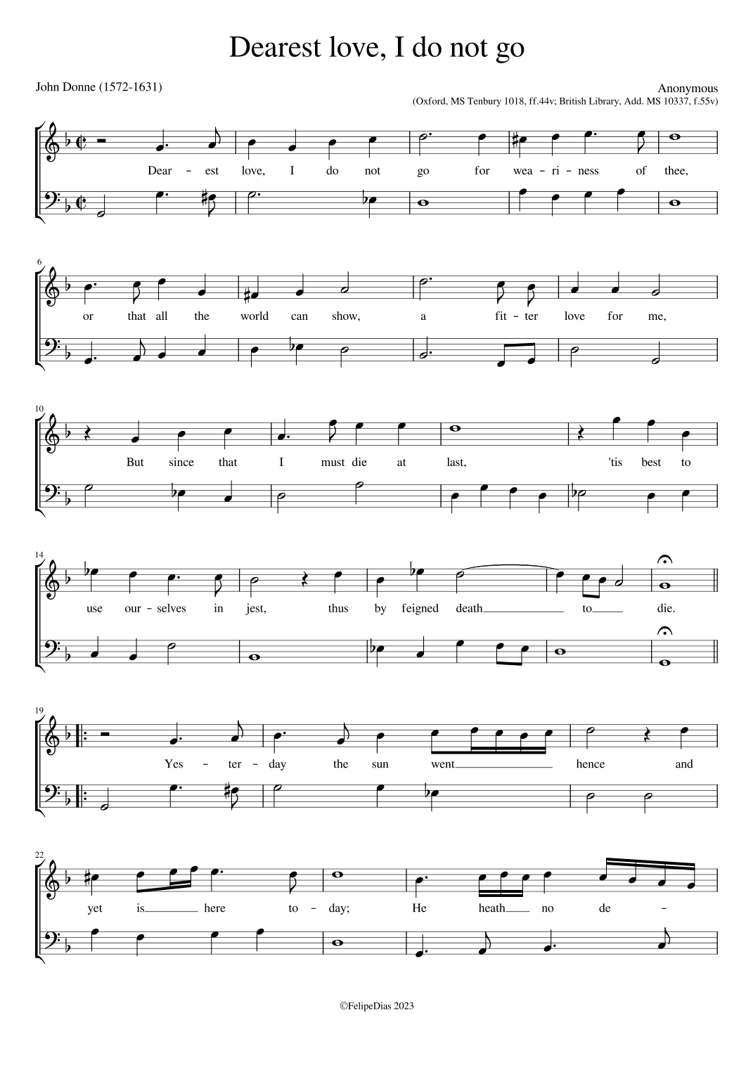 Dearest love, I do not go (arr. Early Music Scores)