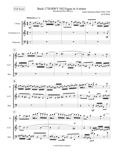 Bach 1720 BWV 542 Fugue in Am Woodwind Trio Score and Parts (arr. R G Roth)