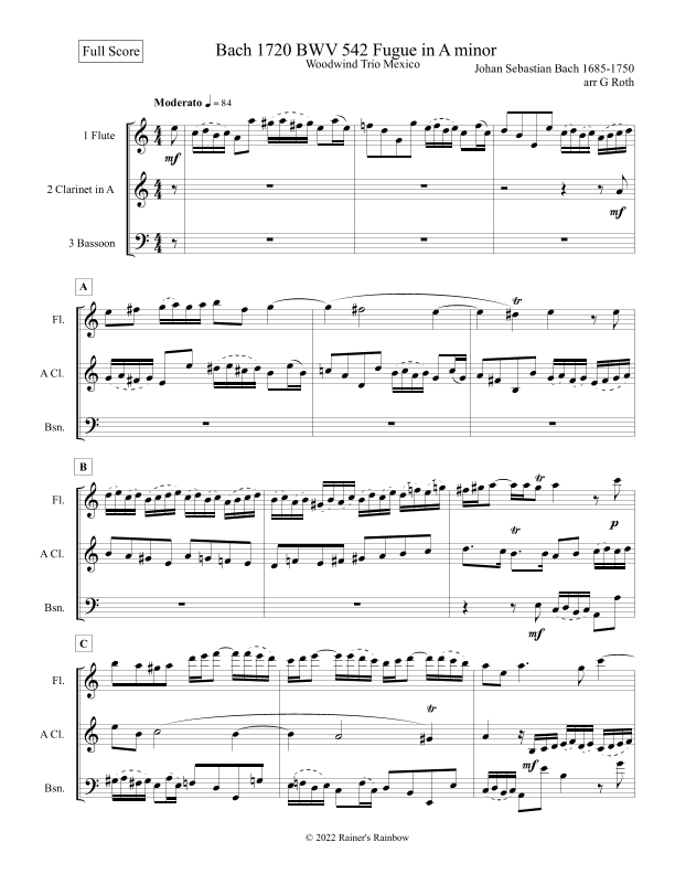 Bach 1720 BWV 542 Fugue in Am Woodwind Trio Score and Parts (arr. R G Roth)