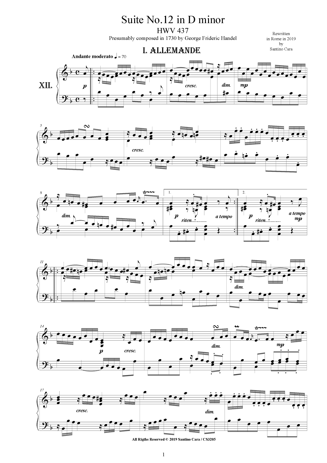 Handel - Piano Suite No.12 in D minor HWV 437 (arr. Santino Cara)