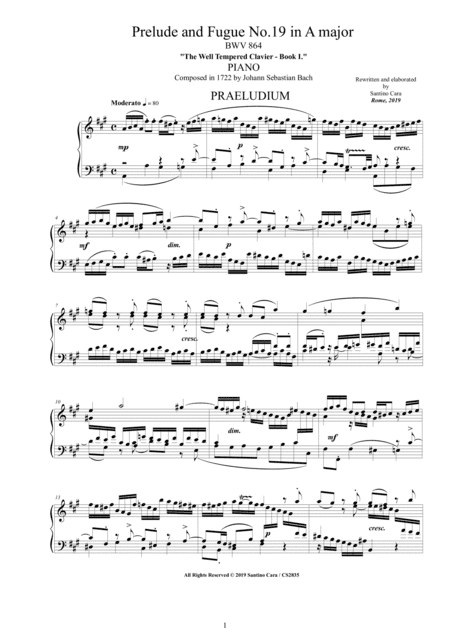 Bach - Prelude and Fugue No.19 in A major BWV 864 for Piano (arr. Santino Cara)