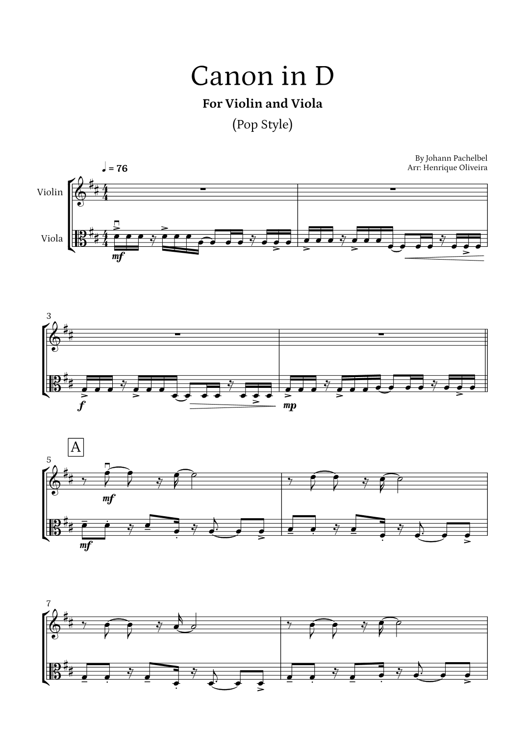 Canon in D (Pop Style) - For Violin and Viola (arr. Henrique Oliveira)