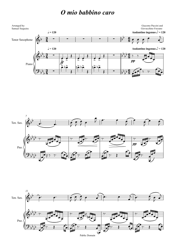 O mio babbino caro - for Tenor Saxophone and Piano accompaniment - orchestral play along (arr. Samuel Sequeira)