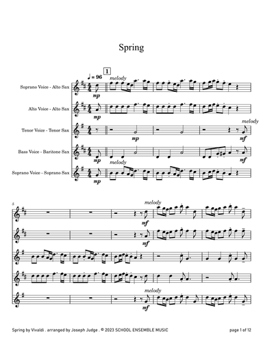 Spring by Vivaldi for Saxophone Quartet in Schools (arr. Joseph Judge)