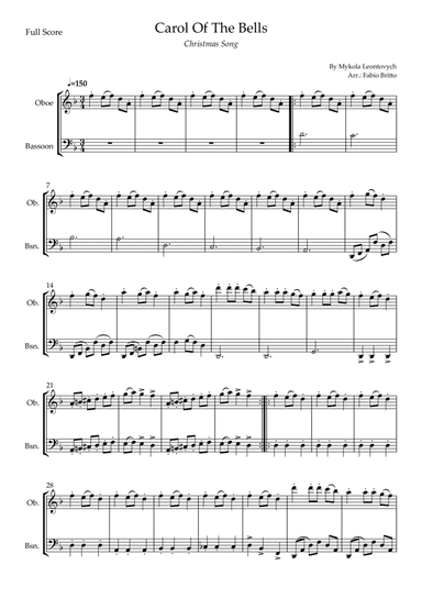 Carol Of The Bells (Christmas Song) for Oboe & Bassoon  Duo (D Minor) (arr. Fabio Britto)