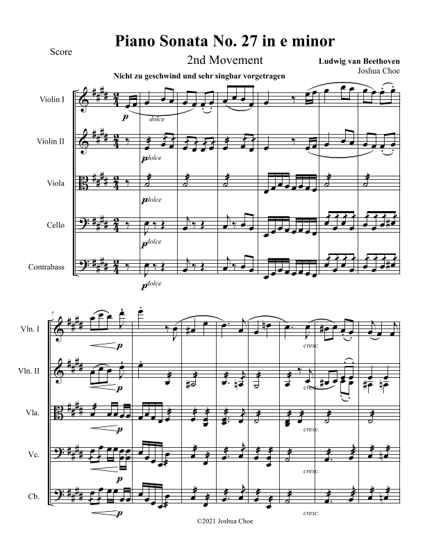 Piano Sonata No. 27, Movement 2 (arr. Joshua Choe)