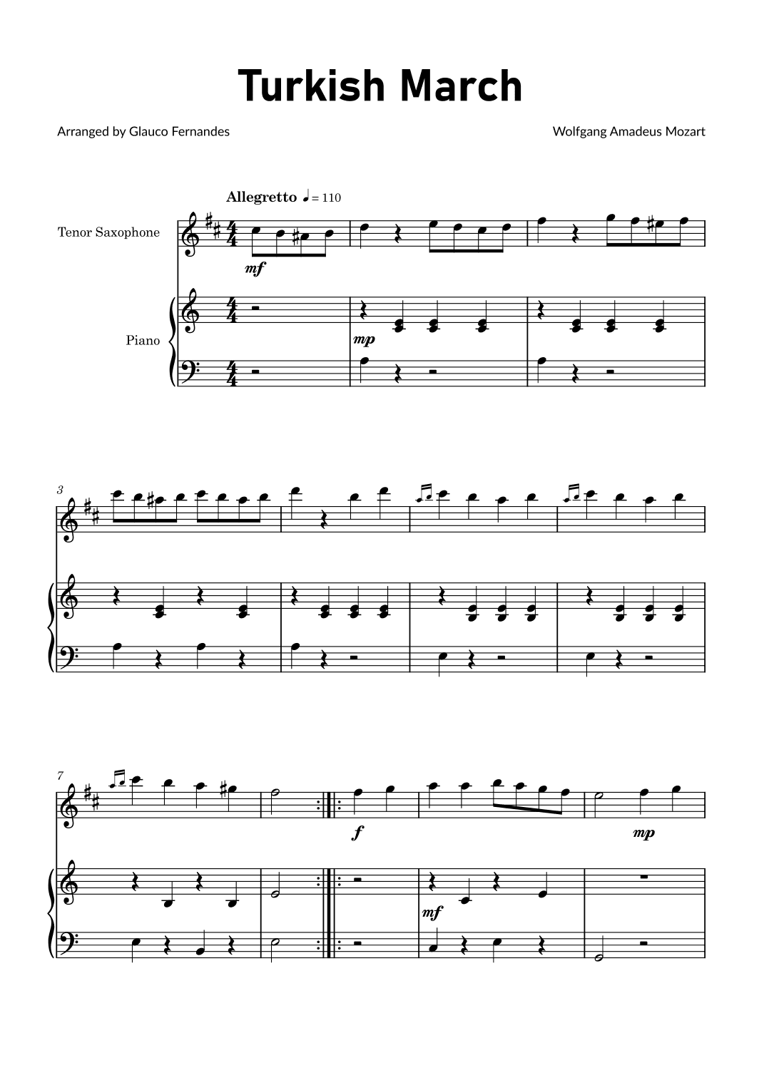 Turkish March by Mozart - Tenor Saxophone and Piano (arr. Glauco Fernandes)