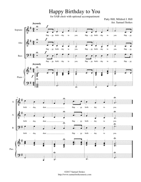 Happy Birthday to You - for SAB choir with piano accompaniment (arr. Samuel Stokes)