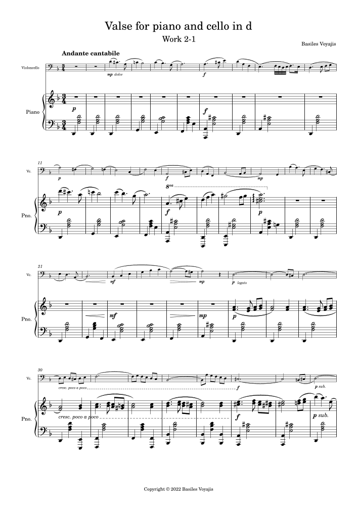 Valse for piano and cello in d, Work 2-1
