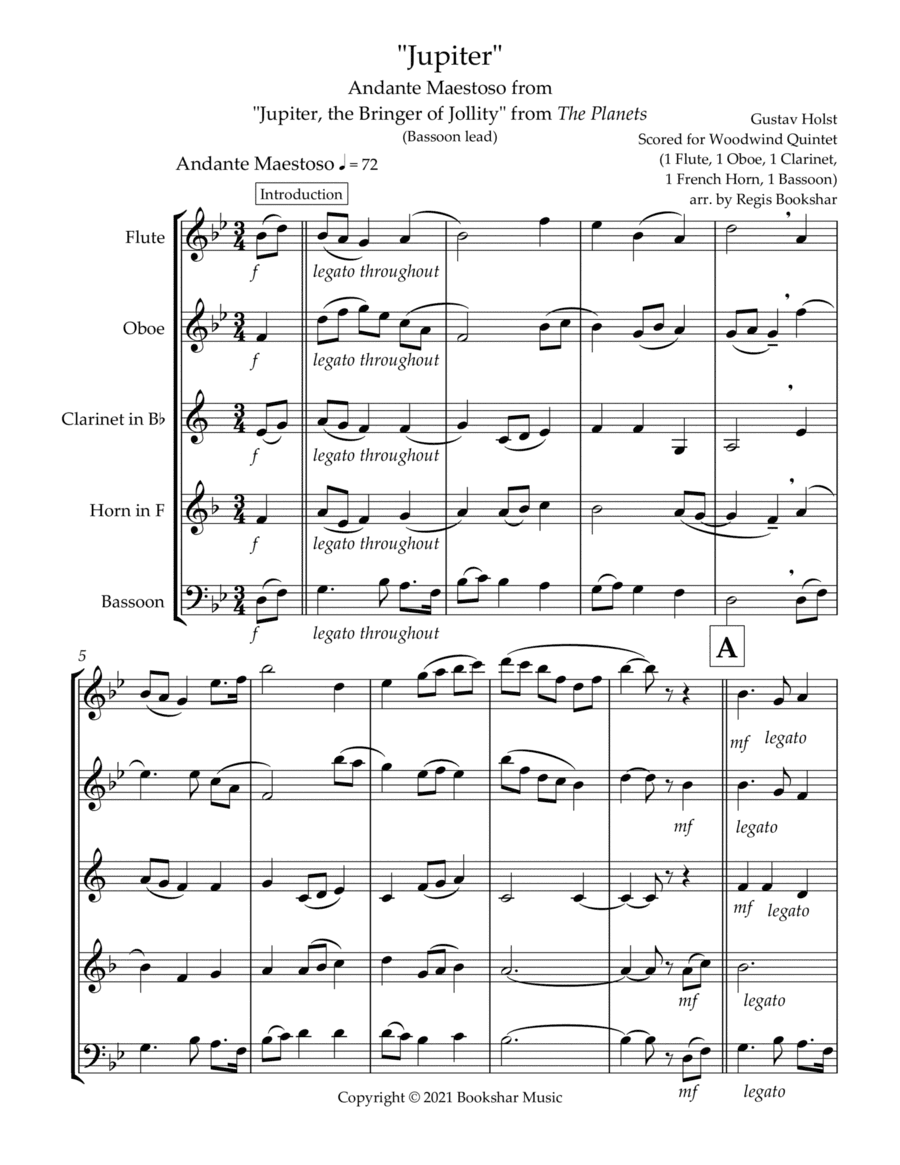 Jupiter (Andante Maestoso from "Jupiter, the Bringer of Jollity" from The Planets) (Bb) (Woodwind Qu (arr. Regis Bookshar)