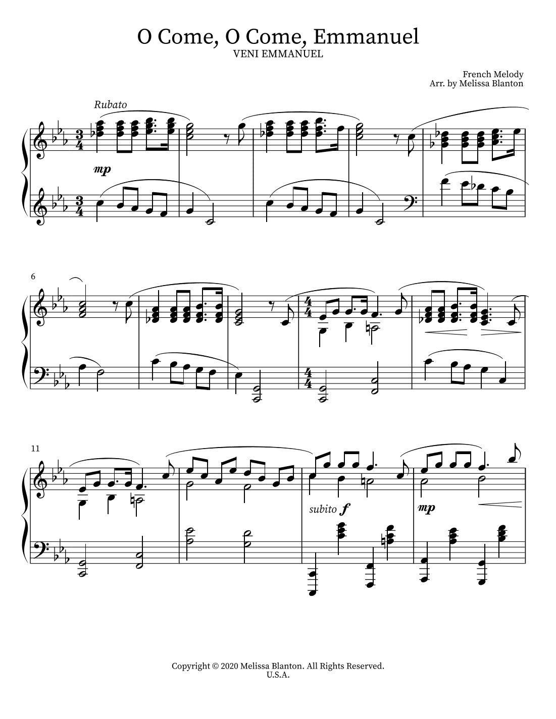 O Come, O Come Emmanuel Arranged for Solo Piano (arr. Melissa Blanton)