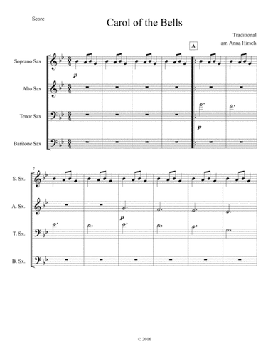 Carol of the Bells for SATB/AATB Sax Quartet (arr. Anna Hirsch)