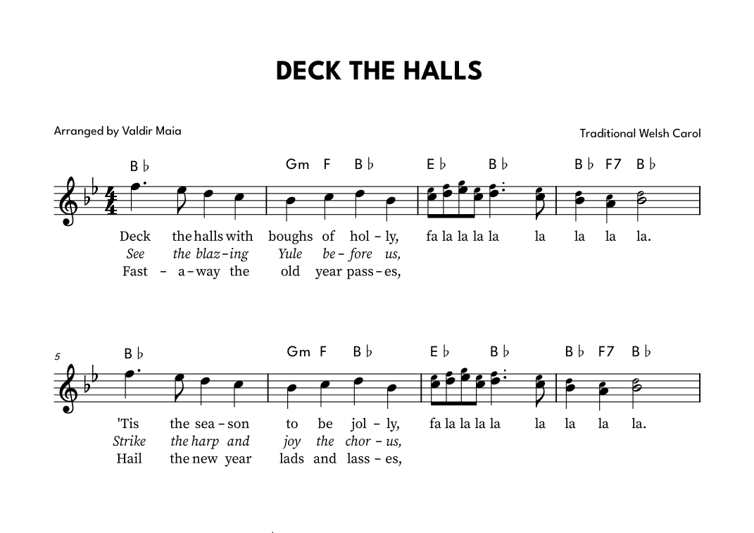 Deck The Halls - Lead Sheet in B flat (arr. Valdir Maia)
